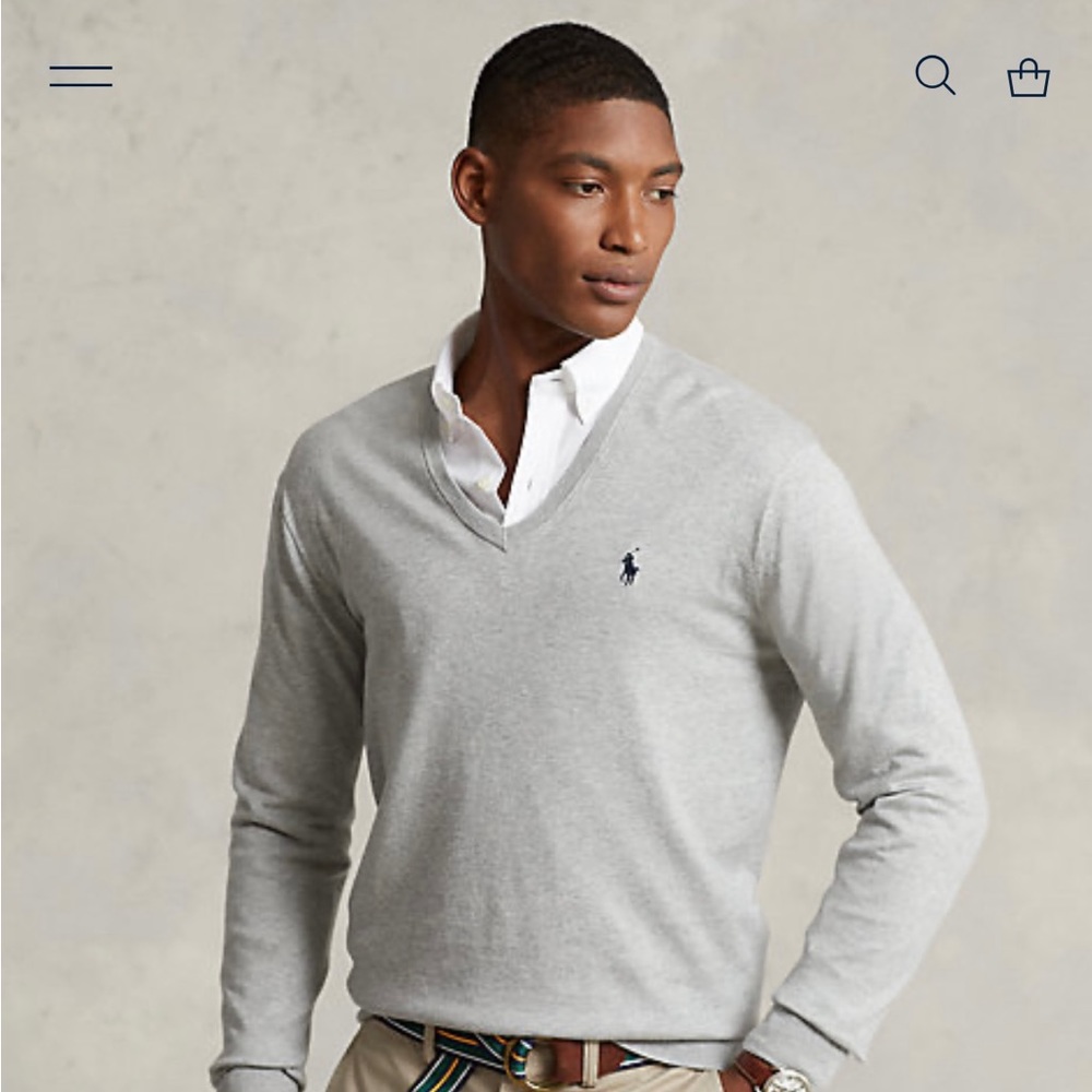 Men’s Polo Ralph Lauren grey cotton v-neck sweater. Size  large.